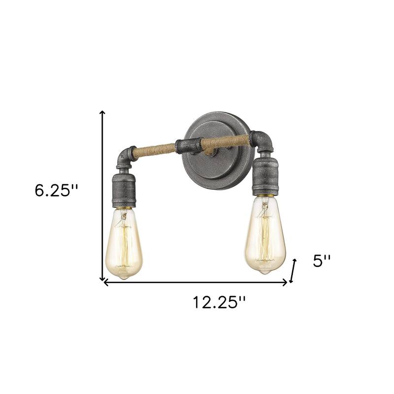 Modern Hardwired Wall Light with Rope and Pipe Accents 2-Light Grey Steel Fixture for Bathroom - 6.25" H x 12.25" W x 5" D