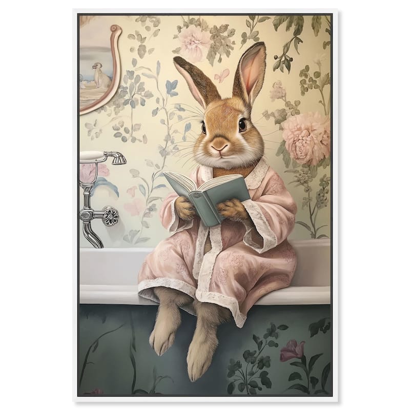 Bunny Bibliophile Bathing Canvas by Art Remedy - White - 16" x 24"