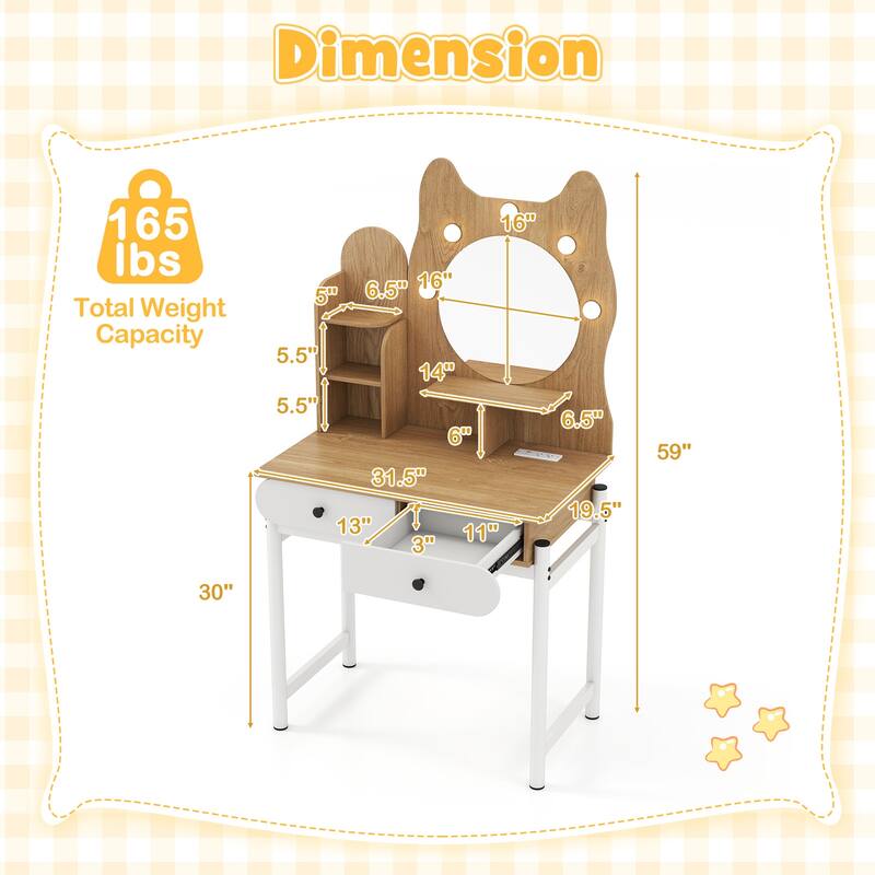 Gymax Small Vanity Desk w/ Mirror & Lights Cute Kitty Makeup Table