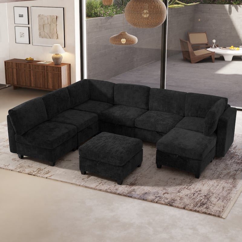 GDFStudio - Chenille Fabric 8-Seat 128" Modular Sectional Sofa with Storage & Solid Wood Frame - Black
