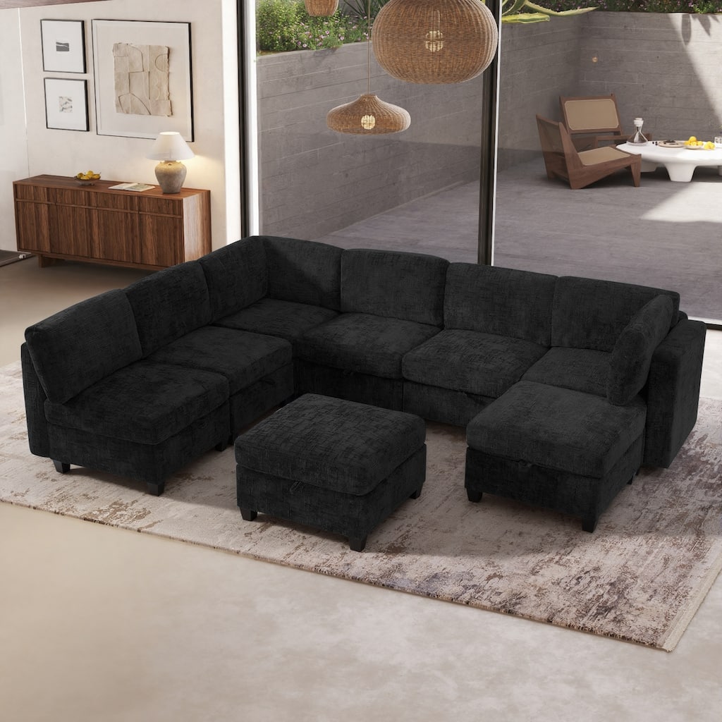 GDFStudio - Chenille Fabric 8-Seat 128" Modular Sectional Sofa with Storage & Solid Wood Frame