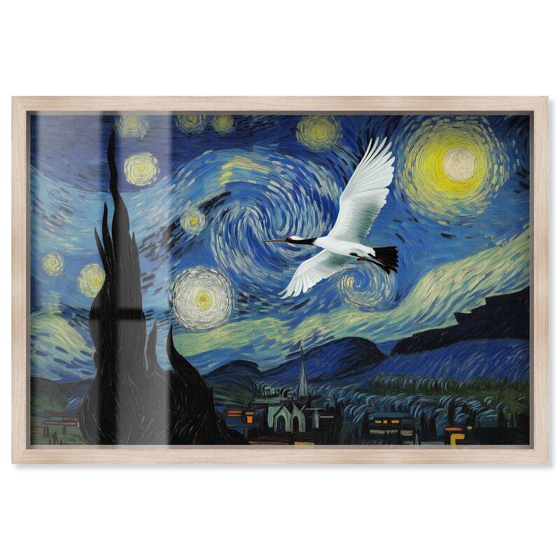 Crane Starry Night Shadowbox by Art Remedy - Natural - 15" x 10"