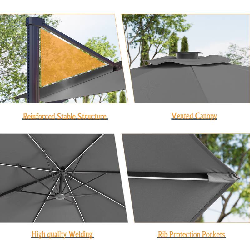 LIVOOSUN 10FT LED Round Cantilever Umbrella For Your Outdoor Space, Solution-Dyed Fabric, 360° Rotation System