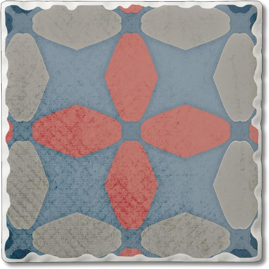 Blue & Pink Tile 4 Pack Single Absorbent Stone Coaster with Protective Cork Backing Made in The USA 4" Square, Wipes Clean