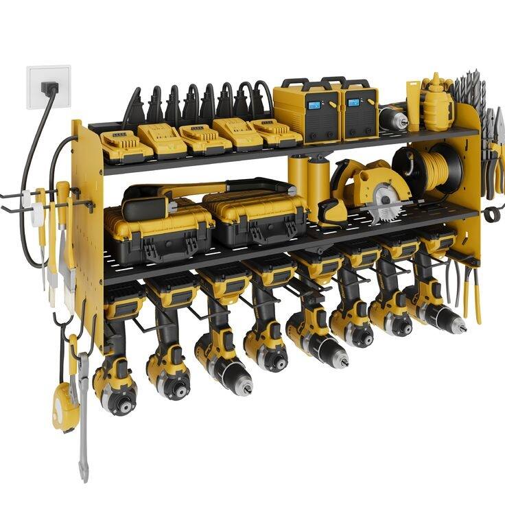 Power Tool Organizer with Charging Station Garage 8 Drill Holders Wall Mount with 8 Outlets Power Strip - Yellow