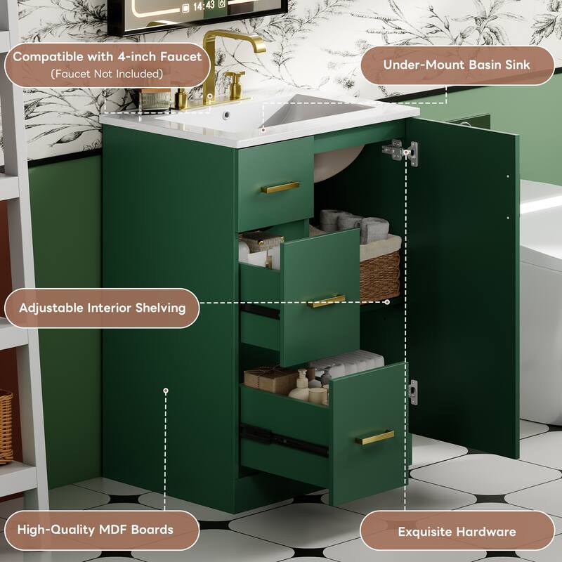 24'' Freestanding Bathroom Vanity with White Integrated Ceramic Sink - 24'' x 18.3'' x 33.78''