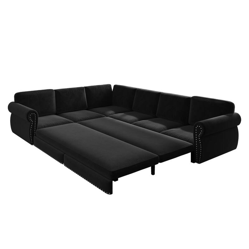 L-Shaped Sectional Sofa with Pull-Out Bed, Oversize Convertible Sleeper Sofa with Rolled Arms, Chenille Upholstery