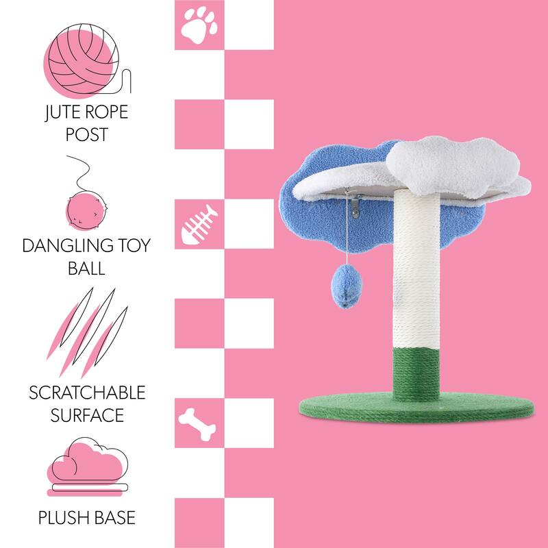 Sami 21.5" Modern Jute Cloud Cat Tree with Scratching Post, and Fuzzy Toy, White/Blue/Green