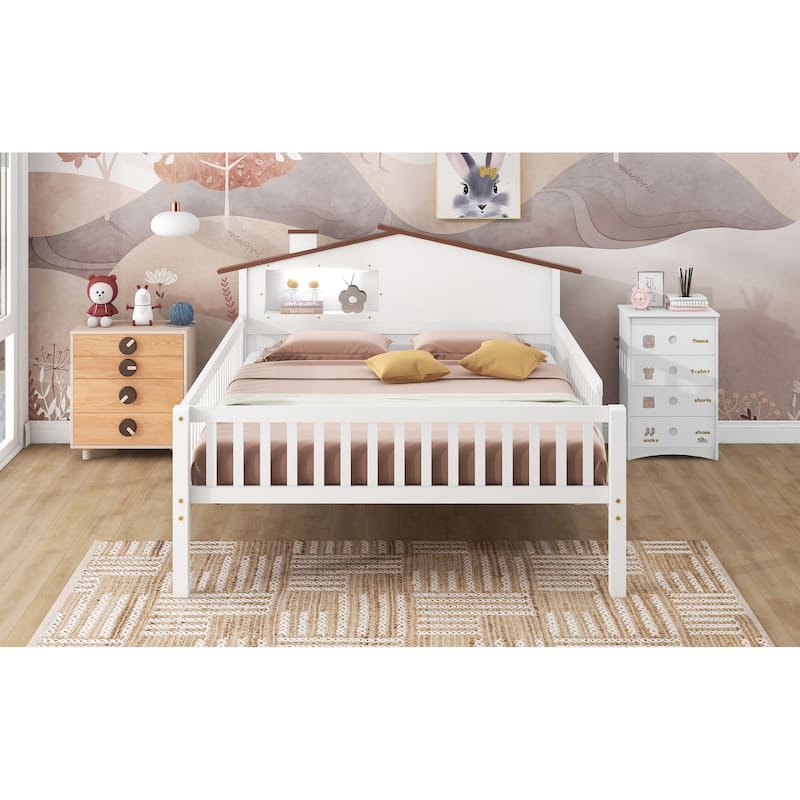 Wood Platform Bed with House-shaped Headboard, LED and Built-in Storage