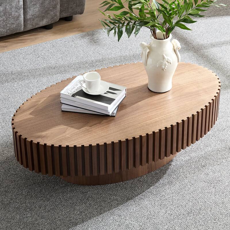Modern Handcraft Drum Coffee Table Ellipse Coffee Table for Living Room,Oval Small Coffee Table with Sturdy Pedestal