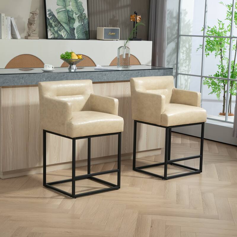 House Hold Counter Height Bar Stools Set of 2,Modern Square PU Bar Stool - Khaki