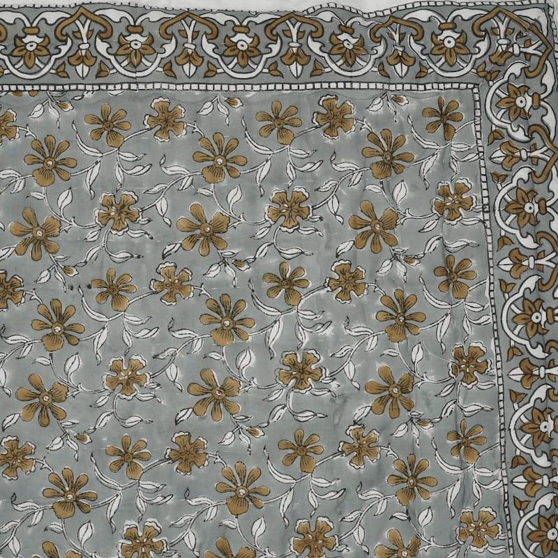 Fabdivine Artisan Handmade 100% Cotton Quilt - Brown Green Floral Block Print, Reversible Bohemian Bedding for Home