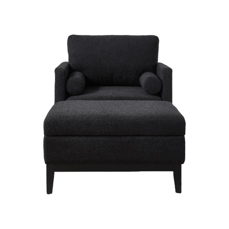 Boucle Farmhouse Armchair Set with Storage Ottoman and Black Wood Legs