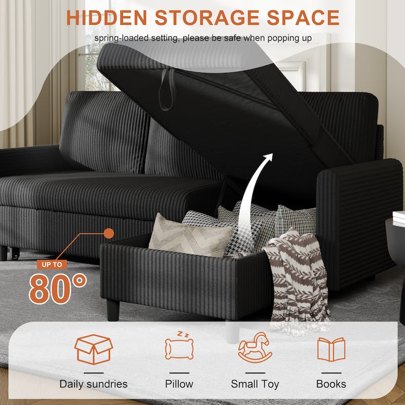 Futzca 3-in-1 Convertible Corduroy Sofa Bed with Storage, L-Shaped Sectional Couch