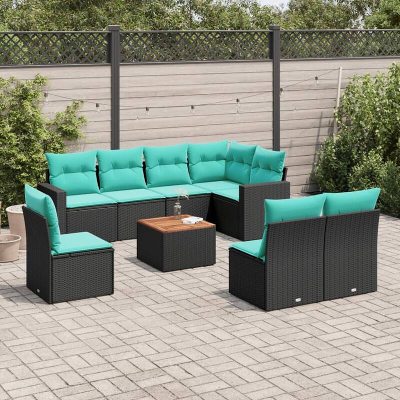 vidaXL 9 Piece Patio Sofa Set with Cushions Black Poly Rattan - 24.4 x 24.4 x 27.2