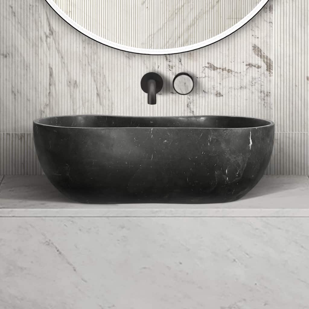 Roomfitters Marble Bathroom Vessel Sink, Natural Stone Countertop Wash Basin, Organic Wavy Vanity Bowl, Matte Finish, Dark Grey
