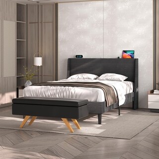 VECELO Bedroom Set, Upholstered Bed Frame with Wingback Headboard and ...