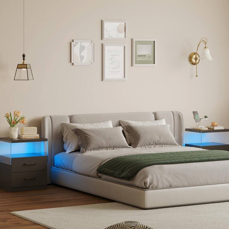 LED Nightstand with Adjustable Colors, 2 Drawers & Power Outlets