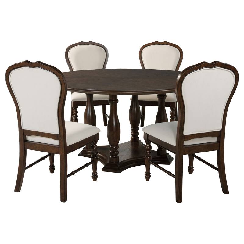 Monta 5pc Round Dining Table Set, Ivory Fabric, Cherry Brown Wood