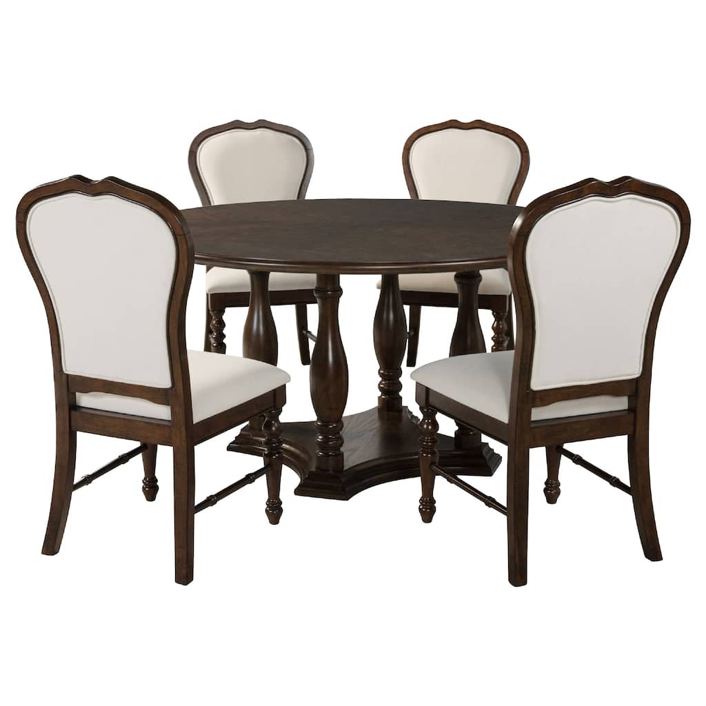 Monta 5pc Round Dining Table Set, Ivory Fabric, Cherry Brown Wood