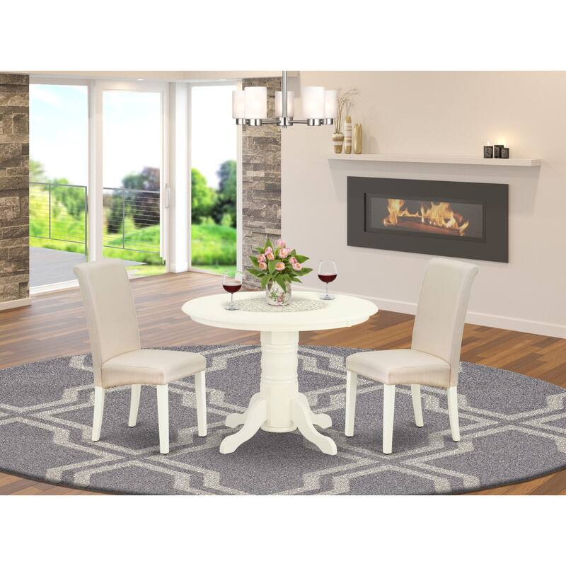 East West Furniture Kitchen Table Set- a Round Dining Room Table and Linen Fabric Chairs, (Pieces & Finish Options) - SHBA3-WHI-01