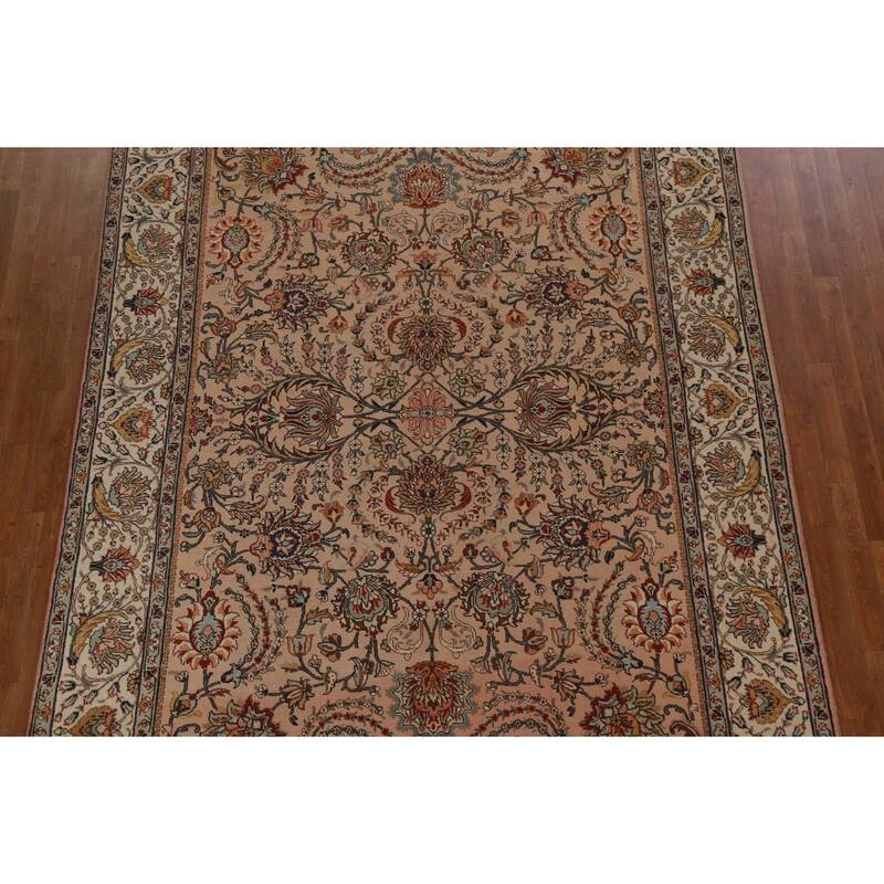 Hand Knotted Oriental 100% Wool Carpet Traditional All-Over Peach Tabriz Area Rug - 11' 2'' X 7' 7''