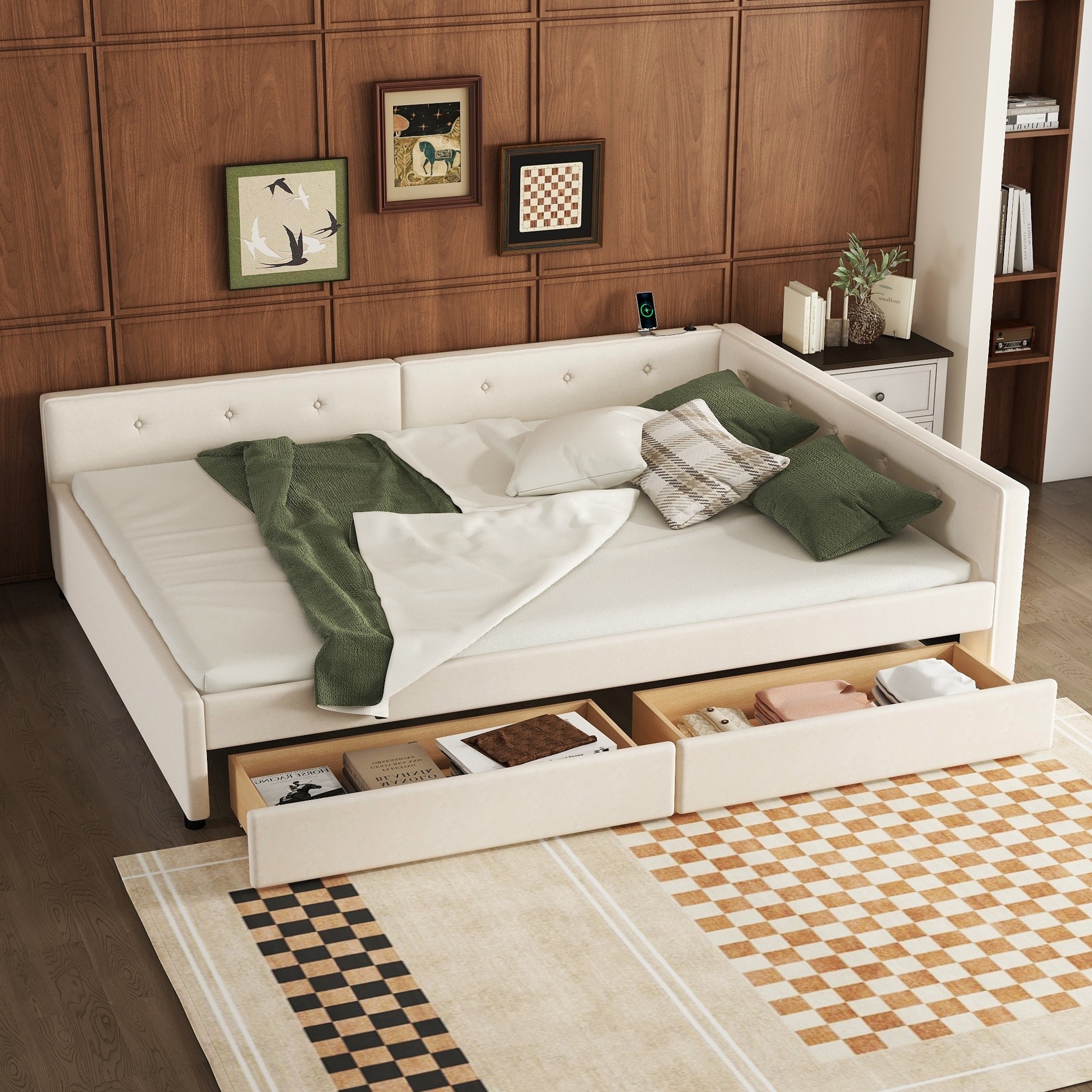 Beige Queen Size Modern Style Upholstered Platform Bed with USB and Two Drawers for Bedroom