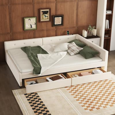 Queen Size Modern Style Upholstered Platform Bed with USB and Two Drawers for Bedroom