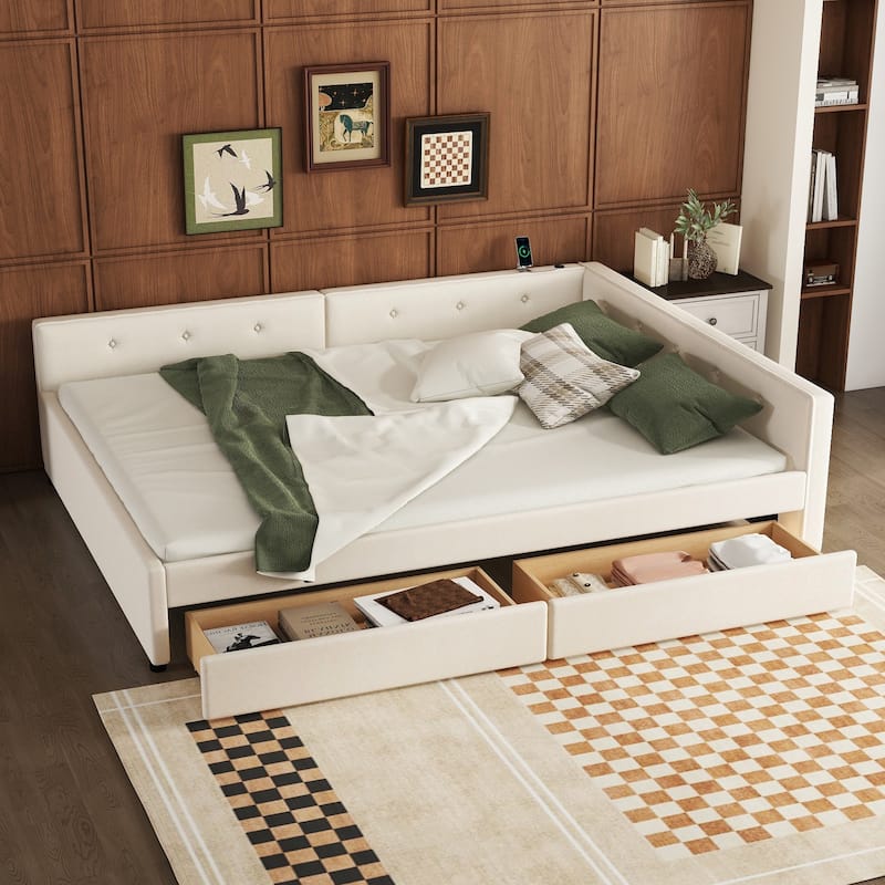 Roomfitters Full/Queen Size Upholstered Platform Bed with USB Port and Storage Base, Beige - Beige - Queen
