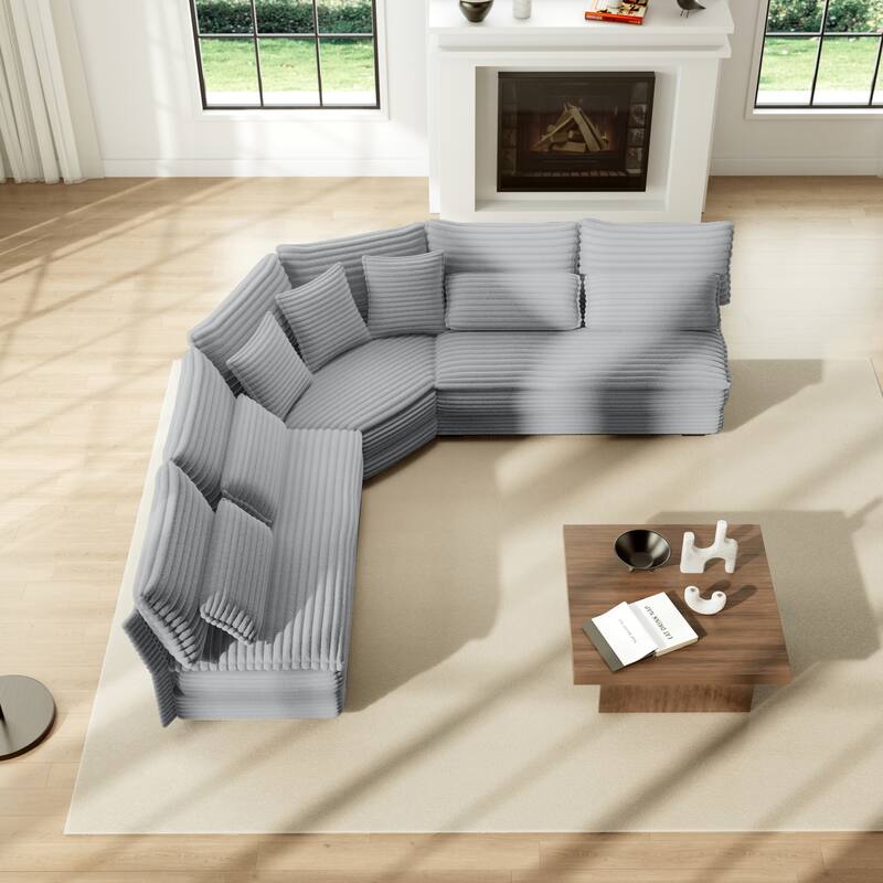 5-Seater L-Shaped Sectional Sofa with Curved Corner - Plush Corduroy Fabric, 7 Pillows (3 Throw + 4 Lumbar)