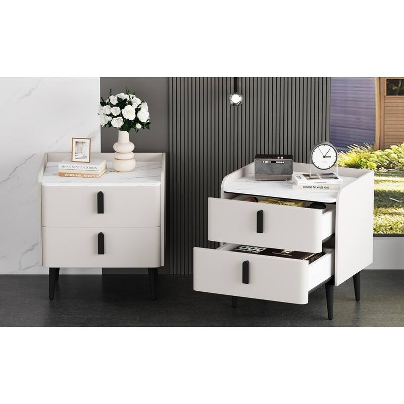 Nightstands Set of 2: 2-Drawer Marble-Pattern Top Modern Bedside/End Table - White