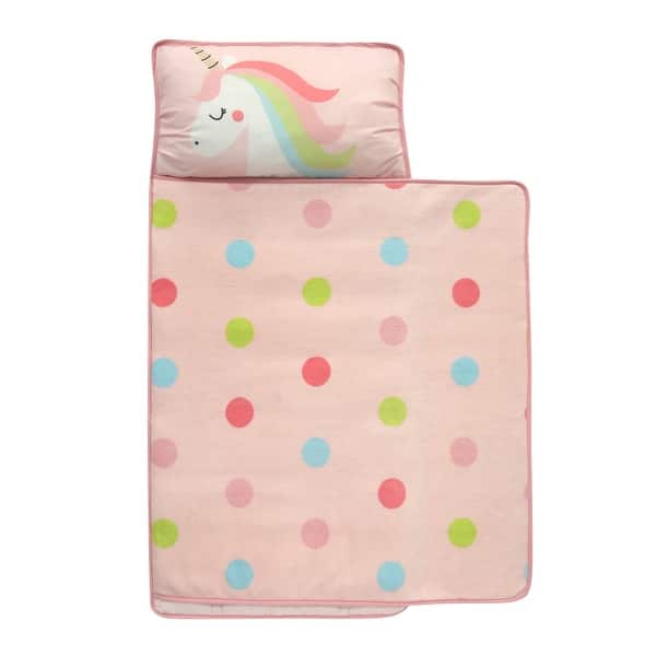slide 1 of 1, Lambs & Ivy Pink Unicorn and Rainbow Dot Toddler Nap Mat