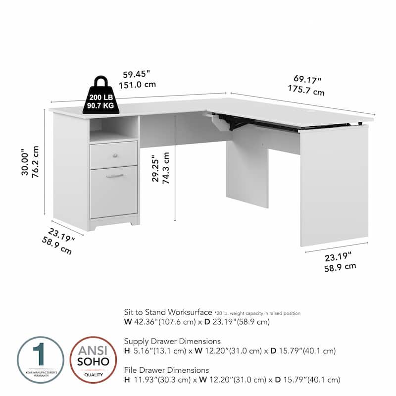 60W 3-position L-shaped Sit to Stand Desk by Bush Furniture
