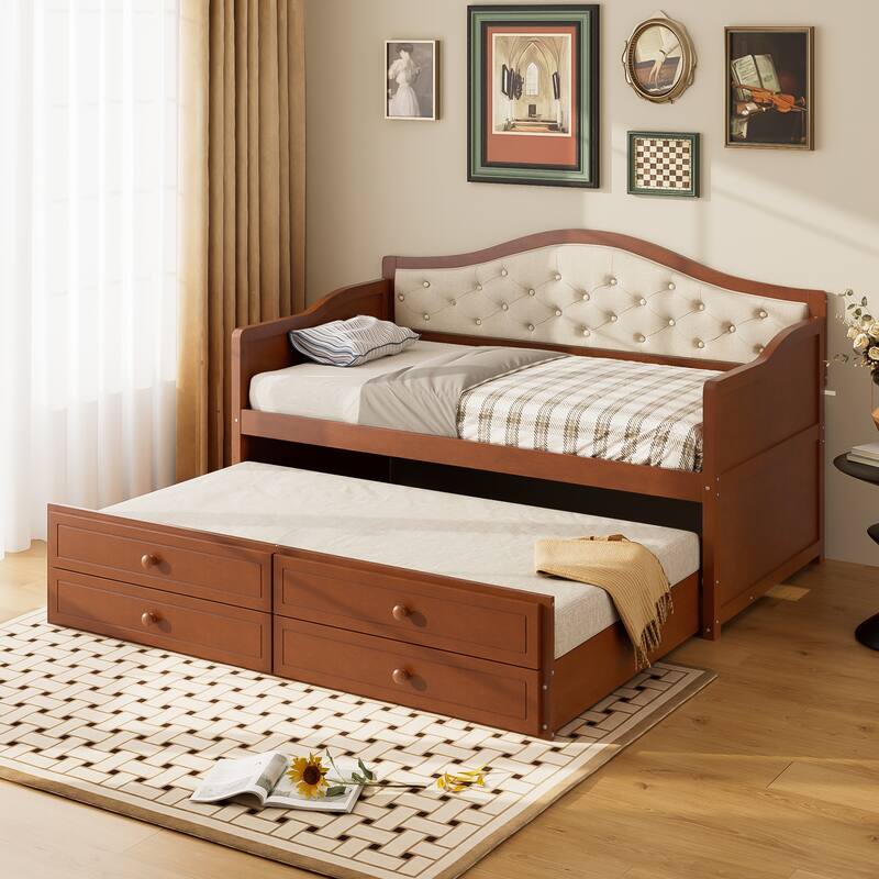 Twin Daybed with Trundle, Twin Size Daybed with 2 Storage Drawers, Wooden Sofa Bed with Upholstered Button Tufted Backrest