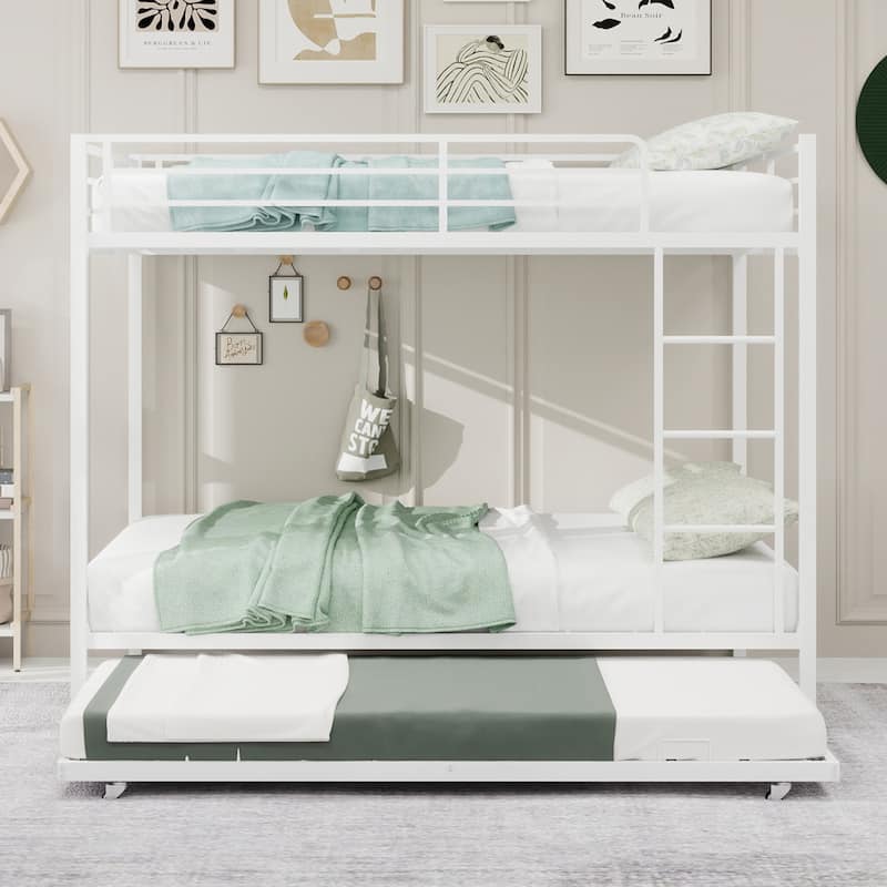 Metal Bunk Bed with Trundle and Safety Rails Modern Minimalist Design for Kids Guest or Shared Rooms