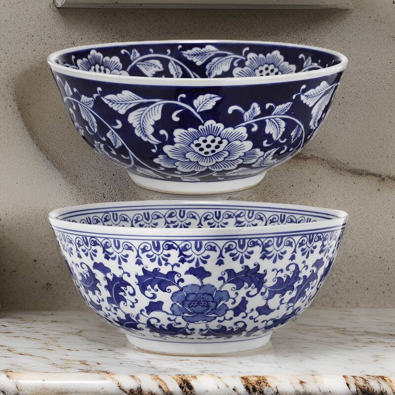 Set Of 2 Ceramic Bowls, Blue And White,
