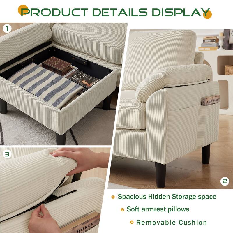 3 Pieces Corduroy Living Room Set with Sectional Sofa, Storage Ottoman and Chair