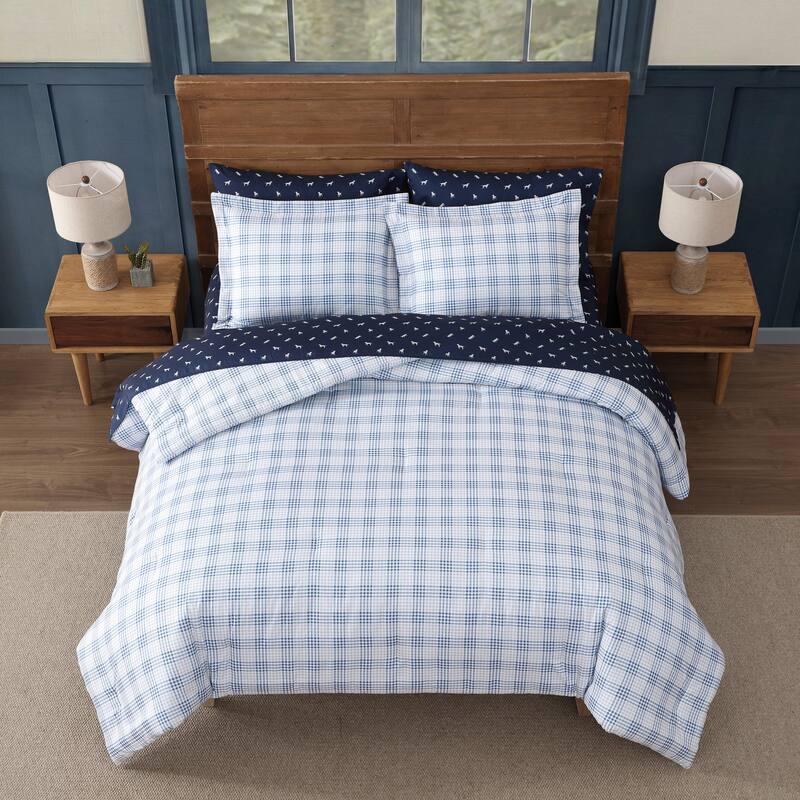 Eddie Bauer Beach Pine Plaid Reversible Blue Comforter Bonus Set