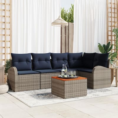 vidaXL 6 Garden Sofa Set with Cushions Black/Grey Poly Rattan - 92.1 x 48.8 x 27.2