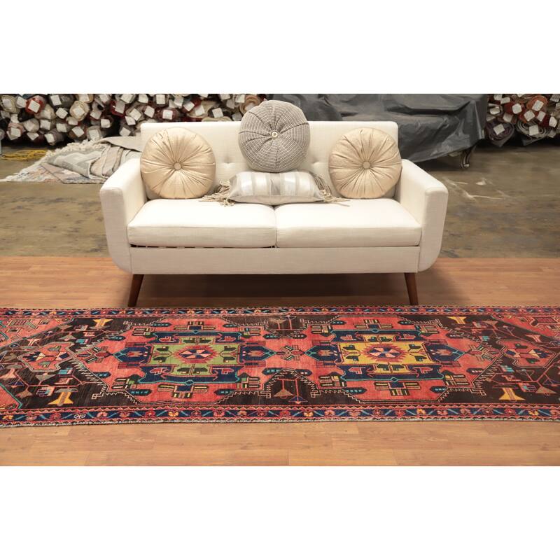 Hand Knotted Oriental 100% Wool Carpet Traditional Tribal Oranges & Rust Heriz Runner Rug - 9' 9'' X 3' 3''