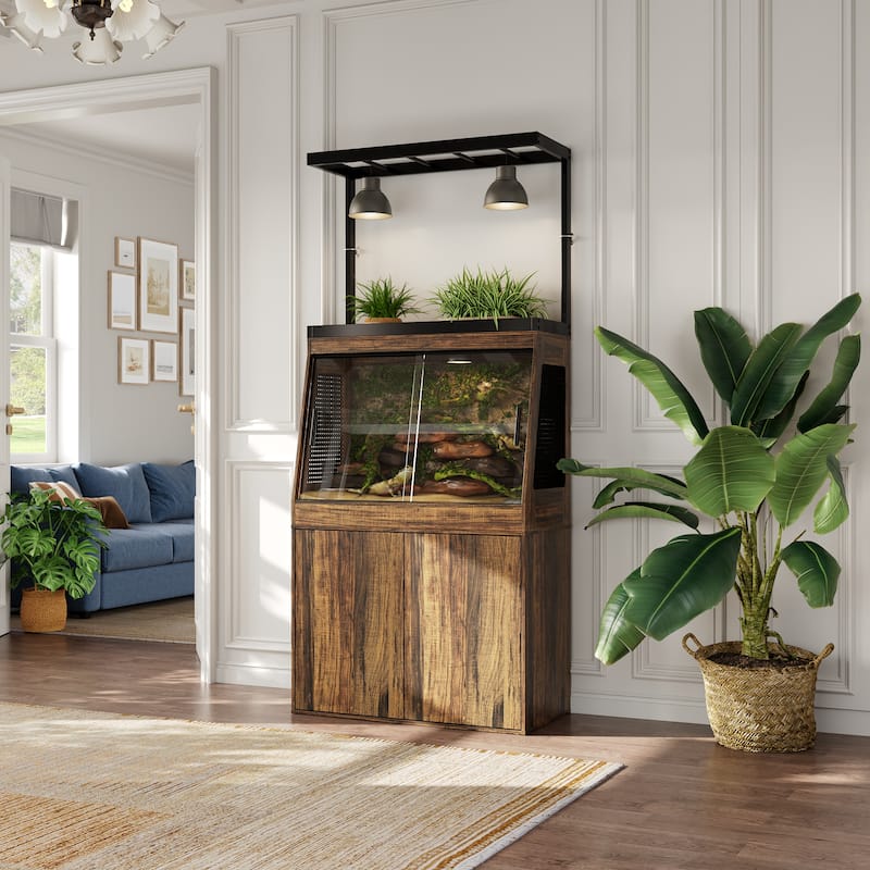 Multi-Functional Reptile Terrarium Cabinet with Sliding Glass Doors, Plant Shelf & Storage Base Vivarium Stand with Lighting Bar