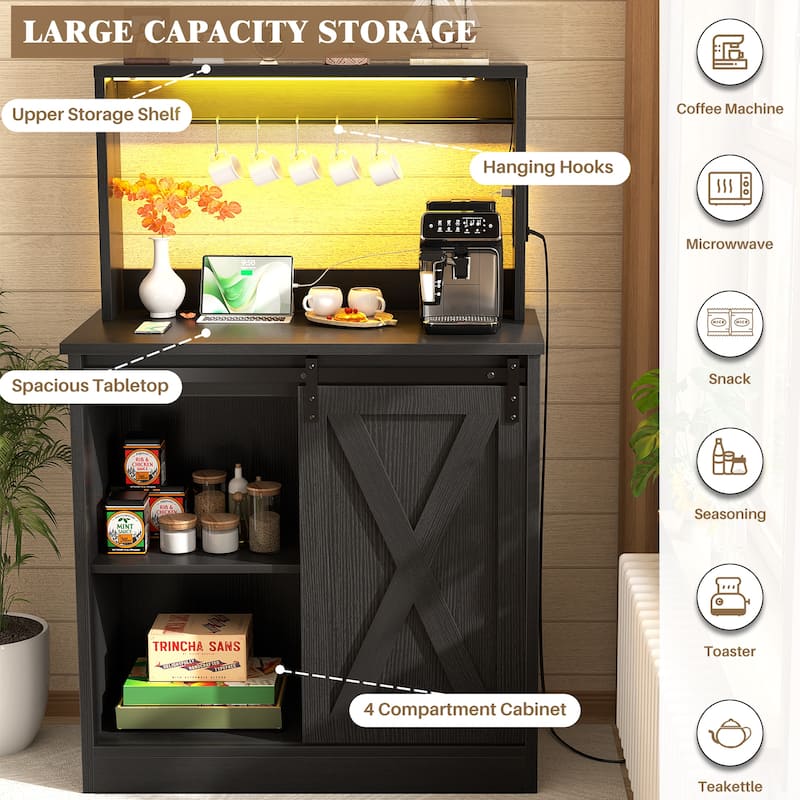 Farmhouse Wine Bar Cabinet with Barn Door & Charging Station,Sturdy Buffet Coffee Bar Cabinet with LED Lights & Hutch
