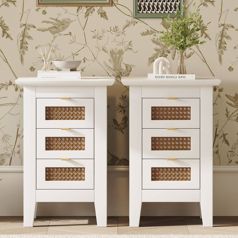 Wooden Nightstands Set of 2 with Rattan-Woven Surfaces and Three Drawers