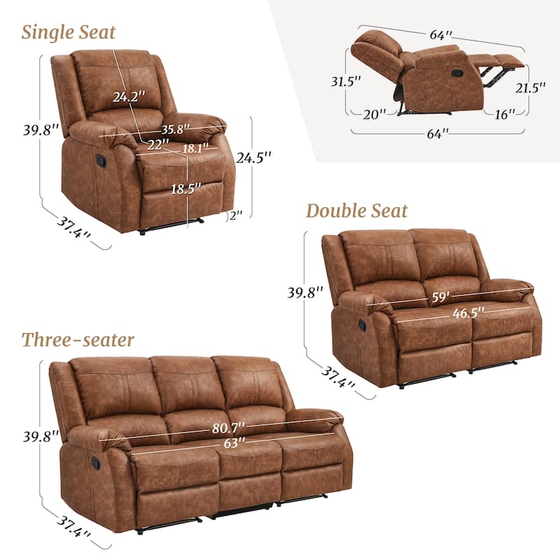 Manual 3-Piece Recliner Sofa Set, Modern Faux Leather Recliner Sofa, 3 Piece Couch Sets For Living Room