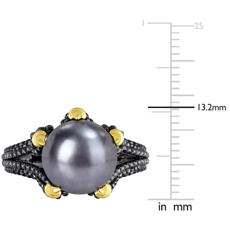 Miadora 10.5-11 mm Cultured Freshwater Pearl Split-Shank Ring in Black and Yellow Silver