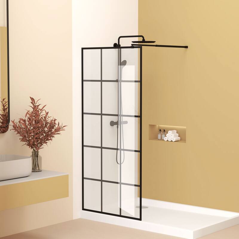 GDFStudio - Emerson Frameless Style Shower Screen with Silk-Printed Tempered Glass and Support Bar - 34" Width x 72"Height