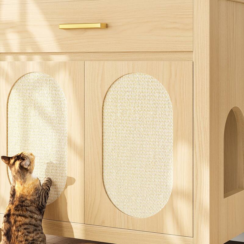Cat Litter Box Enclosure, Hidden Cat Litter Box Furniture with Scratching Board Doors and Storage Drawer