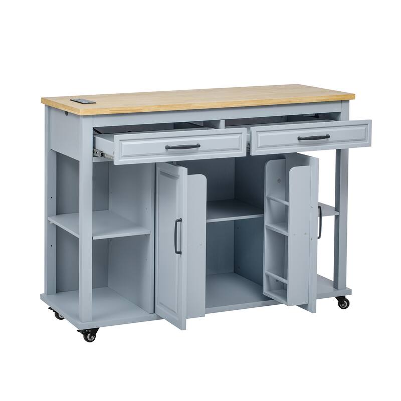 Rubber Wood Veneer Kitchen Island with Extendable Dining Table, Power Outlet