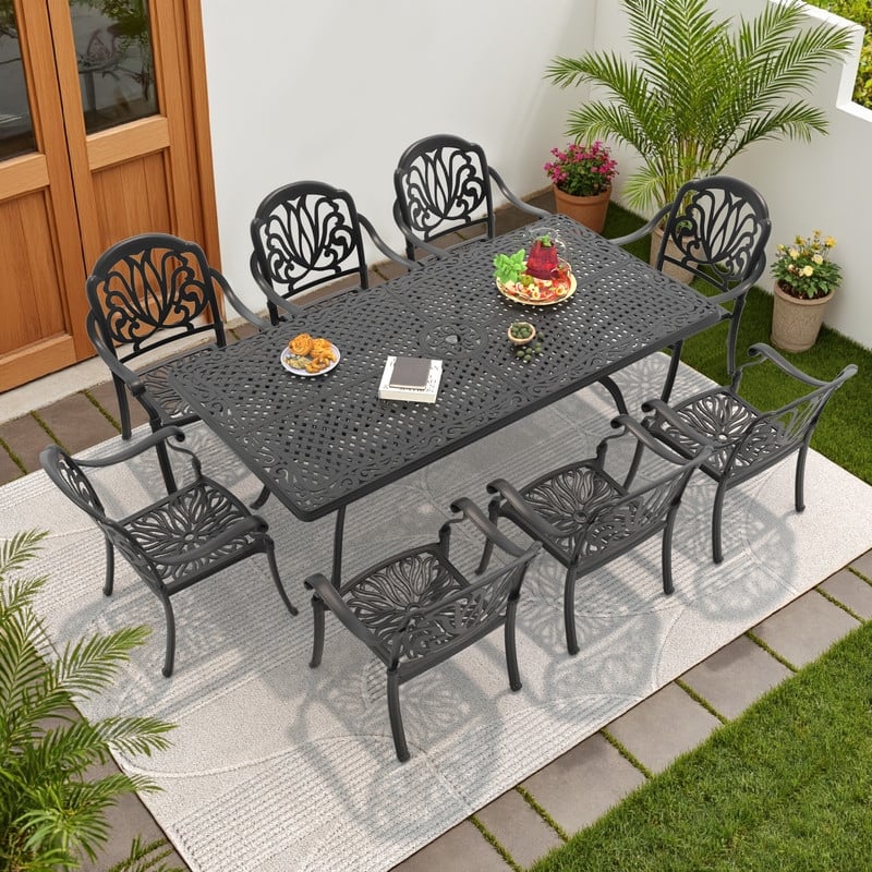 7/9-Piece Cast Aluminum Outdoor Dining Set with 82.68'' L X 41.34'' W Rectangular Table and Seat Cushions