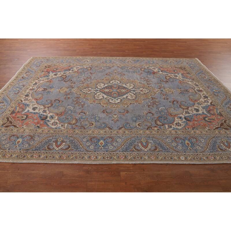 Blue Distressed Tabriz Persian Vintage Rug Hand-Knotted Wool Carpet - 7'4" x 10'3"